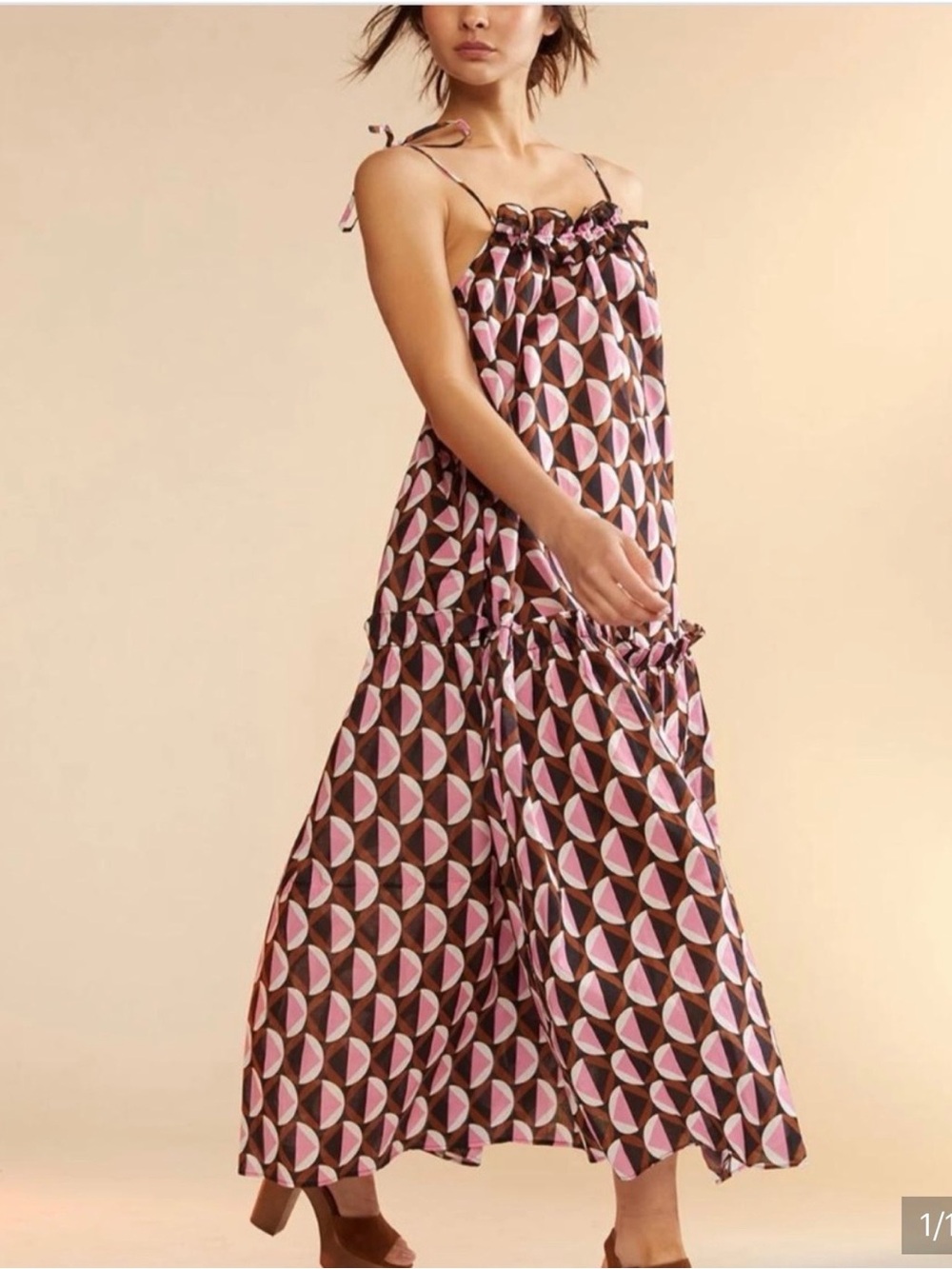 Cynthia Rowley Pink and Brown Geometric Tie-Shoulder Maxi Dress